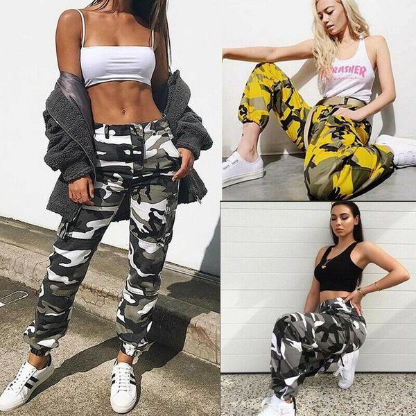 

women's pants & capris women camouflage camo loose cargo joggers trousers hip hop rock, Black;white