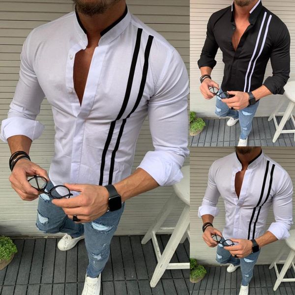 

men's casual shirts men stripeds formal stand collar cardigan long sleeve blouse solid slim fit male social business dress shirt, White;black