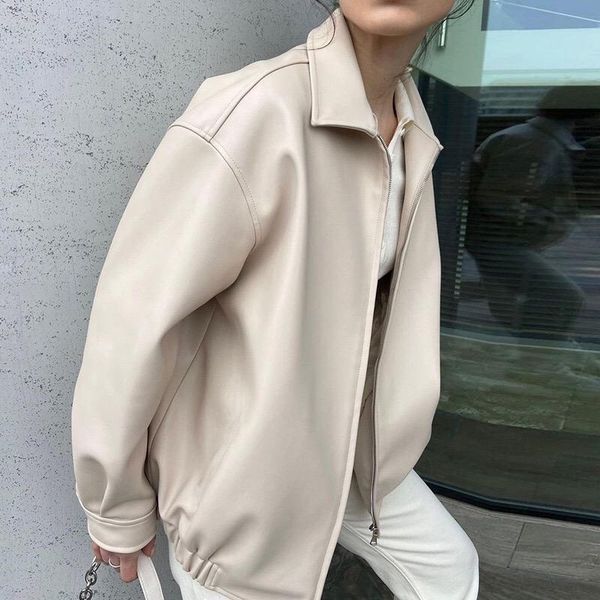 

women's leather & faux women high streer loose oversize lantern sleeve turn down collar street coat 2021 winter fashion, Black