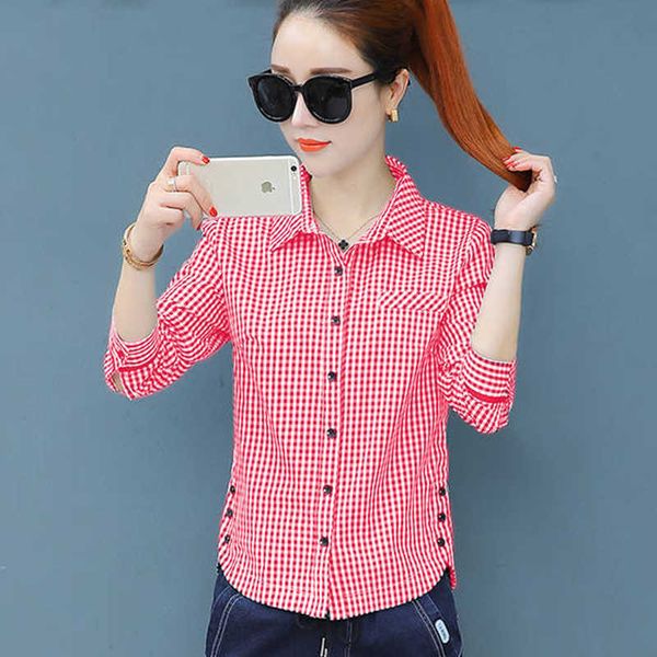 

chic early autumn checker long sleeve shirt women's bottom blouse office regular full button plaid df2257 210609, White