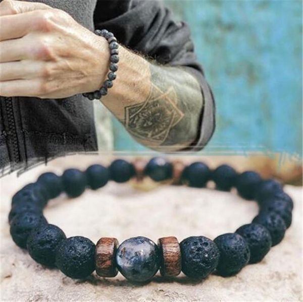 

beaded, strands ly men's bracelet natural volcanic stone handmade beaded wrist jewelry with wooden beads gift for women, Black