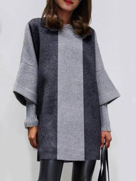 

casual dresses women's round neck middle sve striped tweed drs, Black;gray