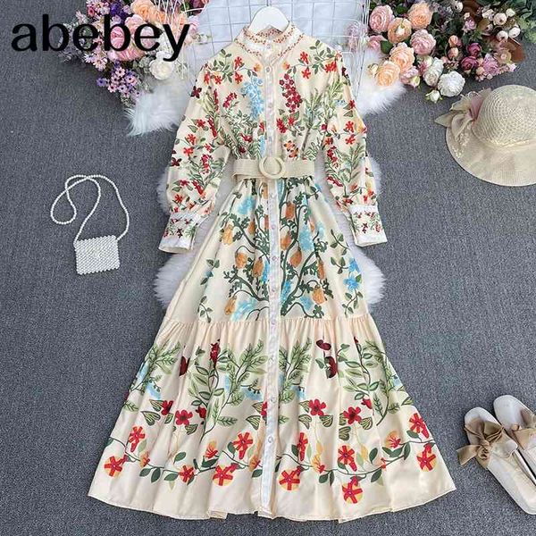 

spring autumn retro all-match o-neck long sleeve dress sashes waist slim print big skirt 210512, Black;gray