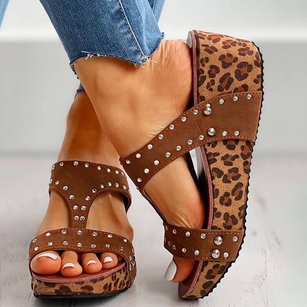 

drop women leopard wedges sandals women's summer slippers fashion pu leather beach shoes, Black