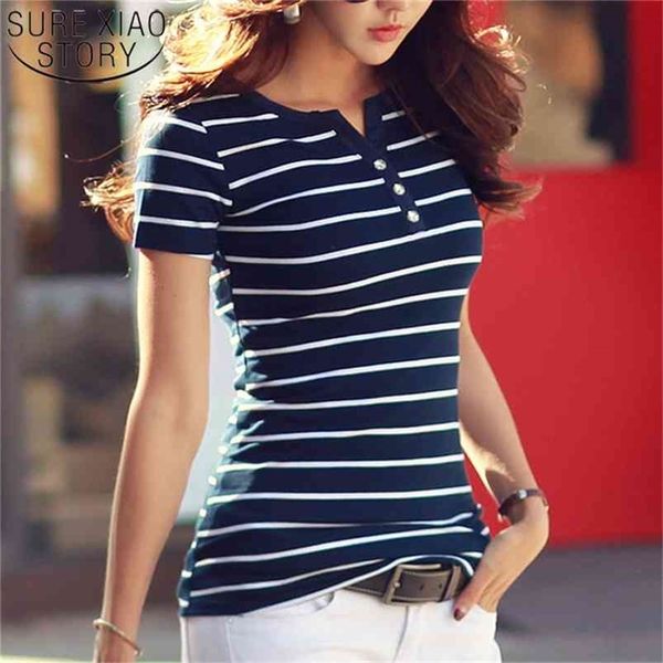 

summer shirts v-neck t shirt women short sleeve casual tshirts white strip t-shirt plus size cotton tee shirt 3188 210722