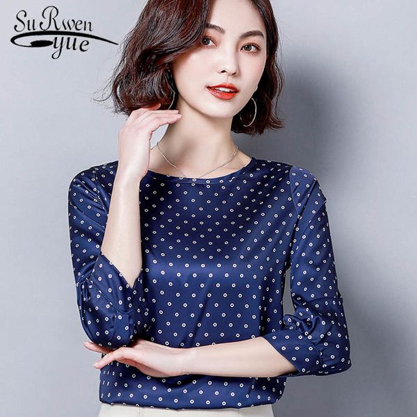 

the large size spring women chiffon fashion shirt round neck nine points lady sleeve dot pattern office 2528 50 210521, White