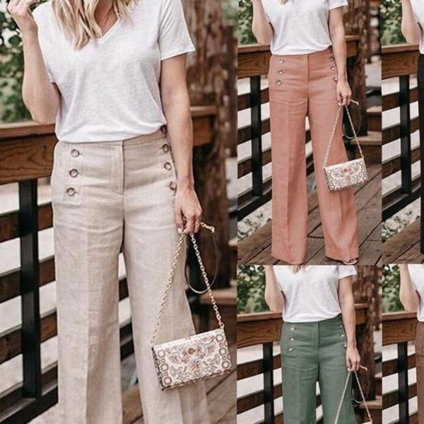 

pants women capris wide leg solid color buttons high waist cotton linen long trousers loose all match, Black;white