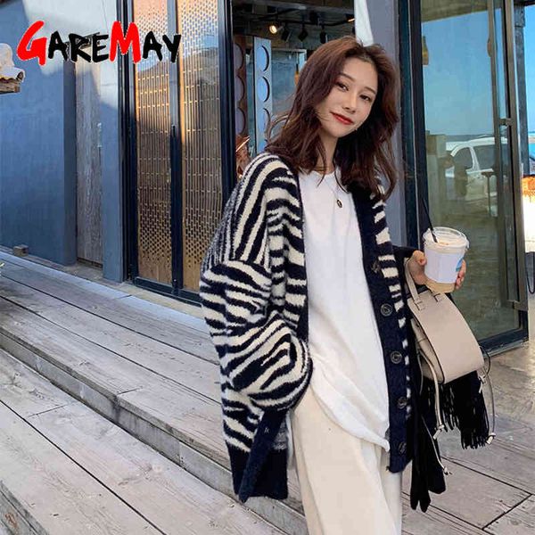 

winter knitted cardigan oversize long fluffy women's warm leopard print female korea black for women vintage 210428, White