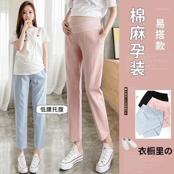 

maternity bottoms 8865# pants spring autumn casual cotton and linen elastic waist trousers1, White
