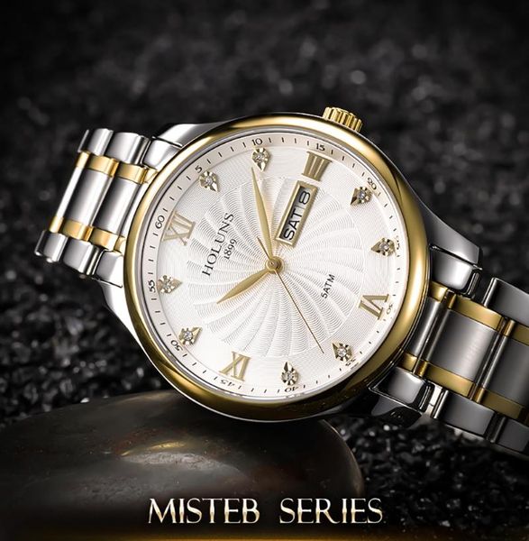

wristwatches men watches holuns brand full stainless steel clock business sport automatic date quartz watch for relogio masculino, Slivery;brown