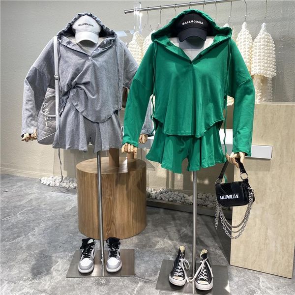 

women's tracksuits 2021 leisure sports suit thin pullover hooded arc long sleeve sweater + loose high waist and wide leg shorts, Gray
