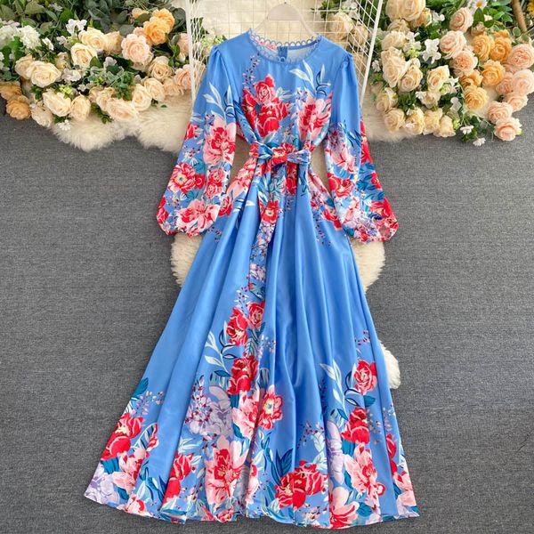 Kadın Moda Çiçek Maxi Elbise Bohemian Lace Up O Boyun Puf Kollu A-line Elbise Kore Baskı Yaz Plaj Uzun Elbise 210419