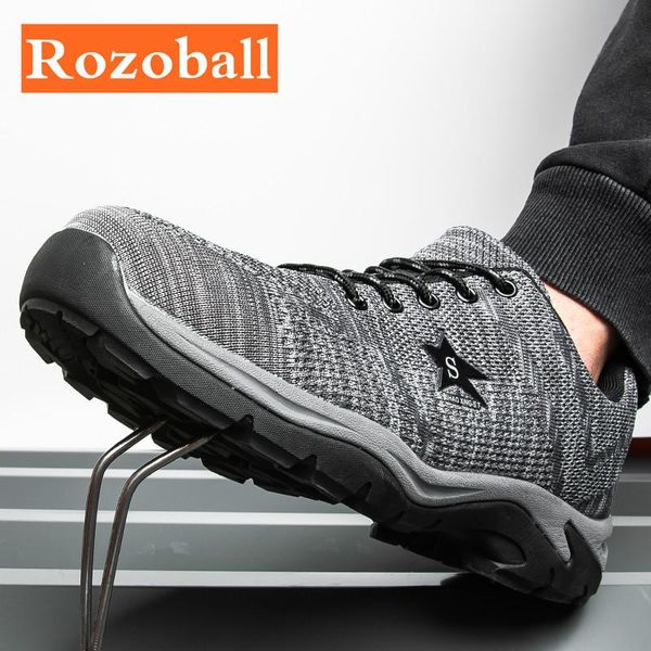 

boots men steel toe safety shoes lightweight breathable work security footwear protective sneakers drop rozoball, Black