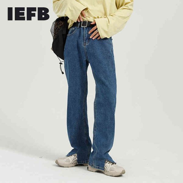 

iefb men's wear korean trend straight lightweight pants leg split wash casual blue jeans male vintage denim clothing 210524