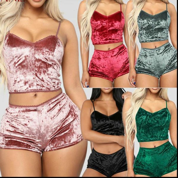 

fashion 2pcs velvet women sleepwear spaghetti strap shorts pajama set, Black;red