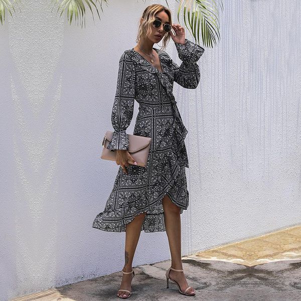 

casual dresses 2021 fall wrapped print ruffled irregular dress women, Black;gray