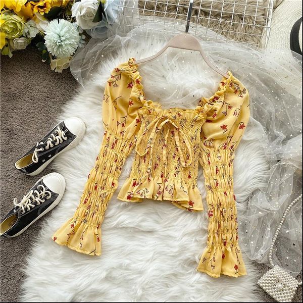 

women shirt womens spring summer sweet lace up blouse wild floral print puff sleeve waist chiffon short ml758, White