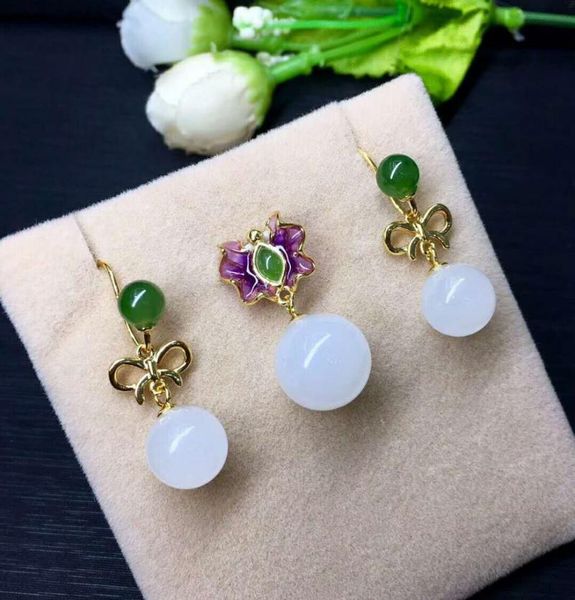 

bracelet, earrings & necklace hetian baiyu silver inlay set white jade bead two-piece h6#, Black