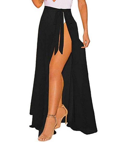 

skirts summer women chiffon thin skirt solid split a-line lace up bandage beach wrap fashion, Black