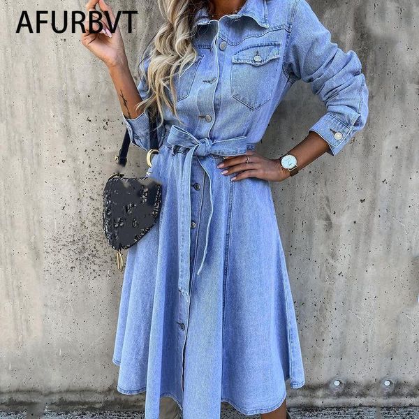 

casual dresses streetwear blue denim button women dress high waist pocket turn down collar spring female a-line vestidos, Black;gray