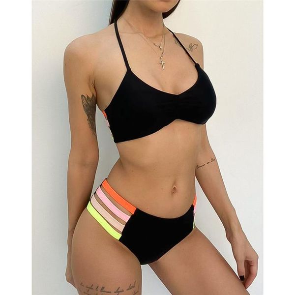 

one-piece suits knotted mid waist halter bikini women swimwear female swimsuit two-pieces set splicing bather bathing suit swim