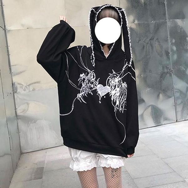 

women's hoodies & sweatshirts harajuku lace hat kawaii graphics print y2k moletom o-neck 2021 grunge punk oversize anime hoodie, Black