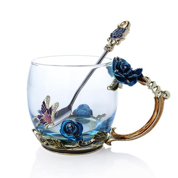 

cups & saucers enamel coffee tea cup mug 3d rose butterfly glass wedding gift