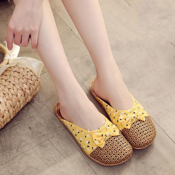 

slippers suihyung summer home for women linen weaving floral flowers casual slides flip flops ladies flat sandals flax, Black