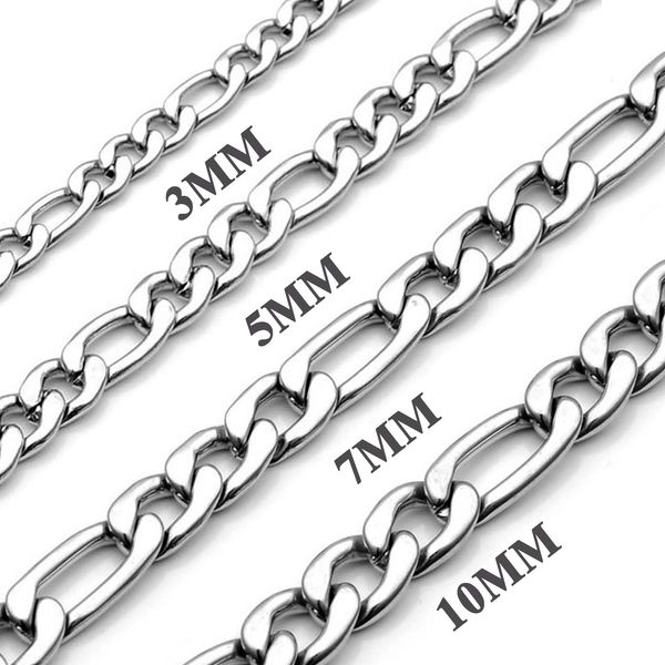 3 mm/5 mm/7 mm/10 mm flache kubanische Figaro-Panzerkette aus Edelstahl für Herren und Damen, Halskette, 45,7–76,2 cm Länge, mit Samtbeutel