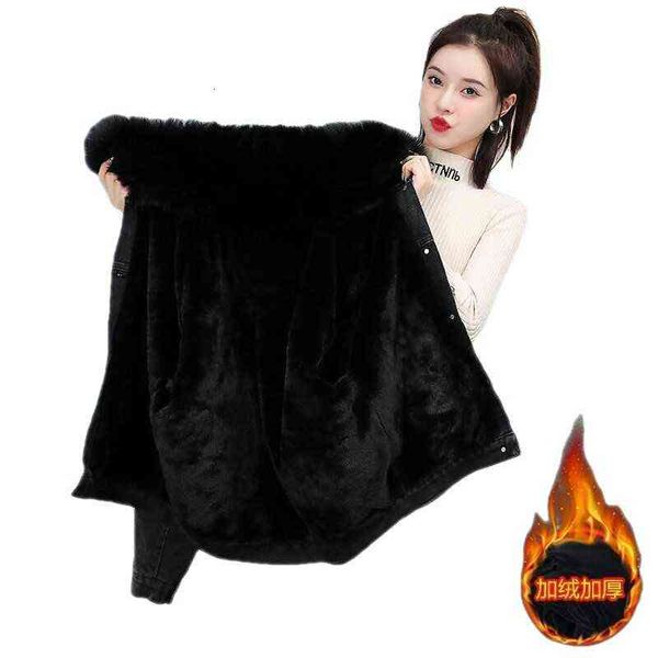 

coat female in winter 2021 loose plush thickened denim coat cotton padded clothes student fashion, Black;brown
