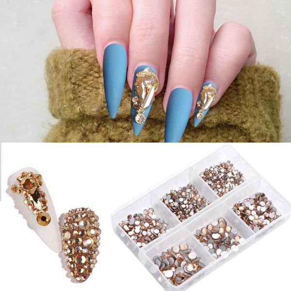 

box mixed size 3d nail decoration multicolor glass art rhinestones flat beads crystal gems accessories manicure decorations, Silver;gold