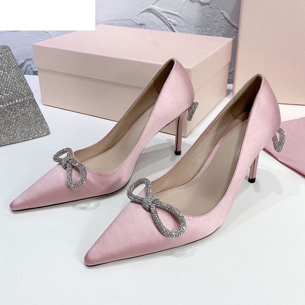 

sandals pink pointed toe thin high heel pumps women silk satin shallow mouth crystal bowknot decor single shoes runway wedding g5f, Black