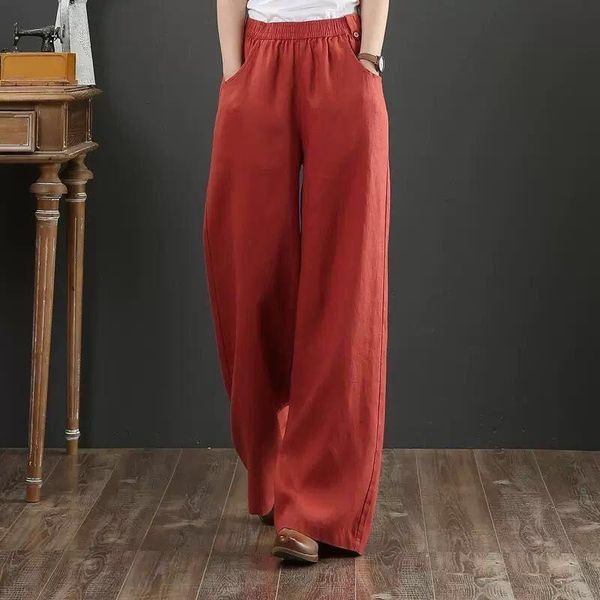 

women's pants & capris casual cotton linen women plus size loose high waisted gray orange wide leg trousers female elegant streetwear, Black;white