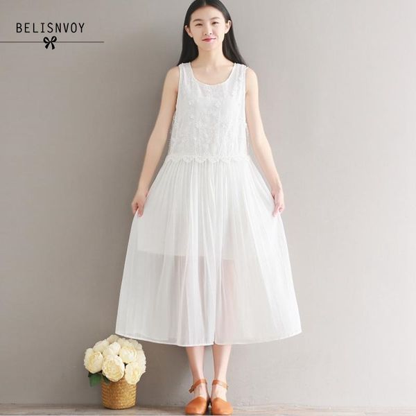 

robe femme summer white mesh dress women sleeveless o-neck floral embroidery dresses beach party vestidos 210520, Black;gray