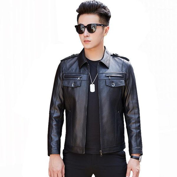 

men's leather & faux genuine jacket men spring autumn motorcycle 100% sheepskin coat for clothes 2021 short slim fit sy1928f, Black