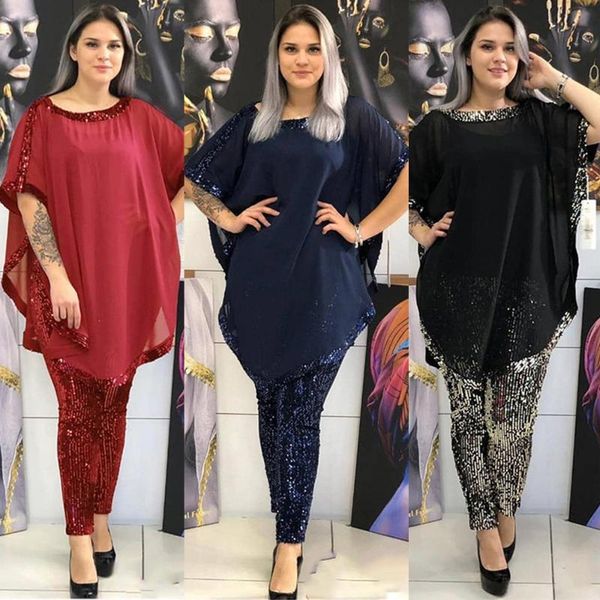 

ethnic clothing 2021 women african sequins outfits chiffon short sleeve inner pants elastic 3pcs africa sets fashion suits, Red