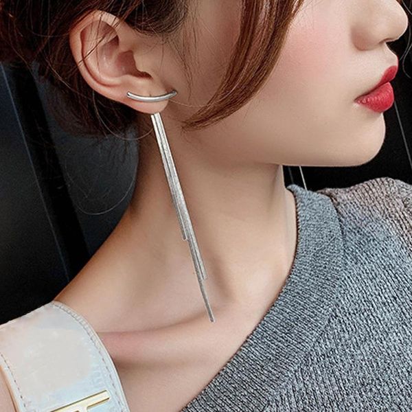 

dangle & chandelier vintage gold long thread tassel drop earrings for women glossy arc geometric korean earring fashion jewelry 20, Silver