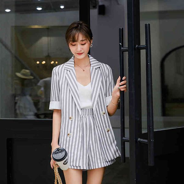 

pant striped double-breasted fashion turn-down suits neck blazer jacket women's shorts summer pants, White