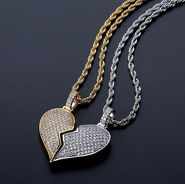 

mens half-heart pendant necklace gold cz bling bling pendant micro pave cubic zirconia simulated diamonds hip hop jewelry, Silver