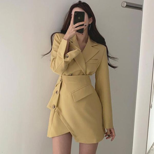 

casual dresses [ewq] women's dress fake two-piece suit irregular side button skirt khaki ladies trendy clothing 2021 autumn 16w1039, Black;gray
