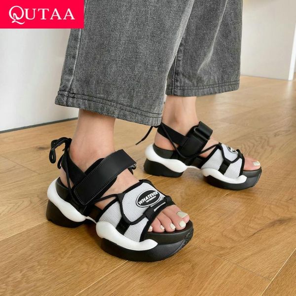 

dress shoes qutaa 2021 mesh cow leather female square high heels hook&loop lace up basic sandals platform fashion women size 34-42, Black