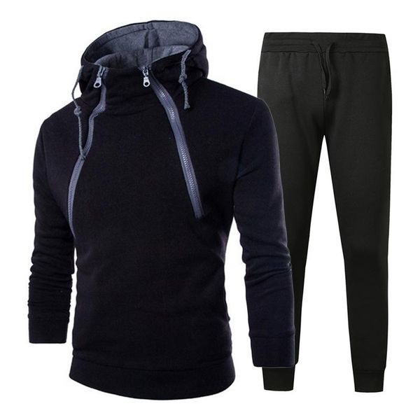 

men's tracksuits autumn and winter fashion double zipper cardigan contrast color hooded coat sweater trousers suit, Gray