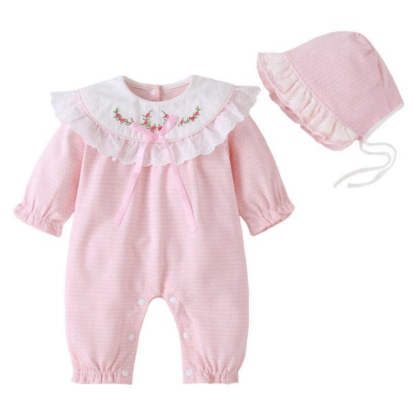 2 PZ Coreano nato Ricamo Vestiti Infantile Arco Pagliaccetto Neonate Boutique Abbigliamento Bambini Mezza Compleanno Pagliaccetti con Cappello 210615