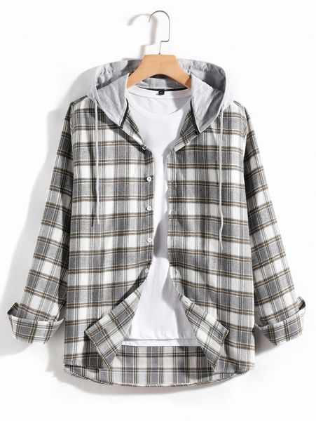 

men tartan button up drawstring hooded shirt f66j#, White;black