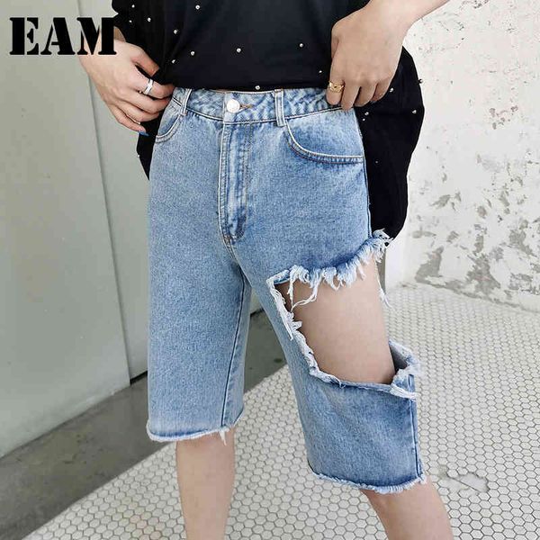

[eam] women wide leg blue denim burrs hole shorts high waist loose fit trousers fashion spring summer 1dd6394 21512, White;black