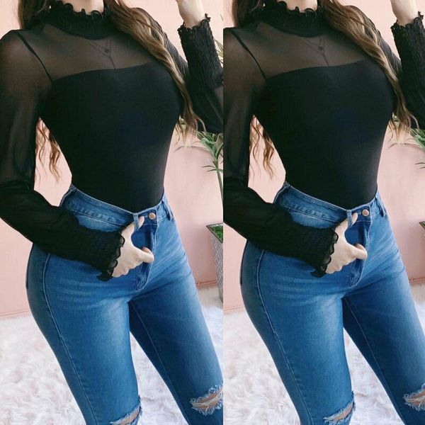 

summer fashion women blouse long sleeve ruffles stand neck mesh see through pure transparent black white women's blouses & shirts
