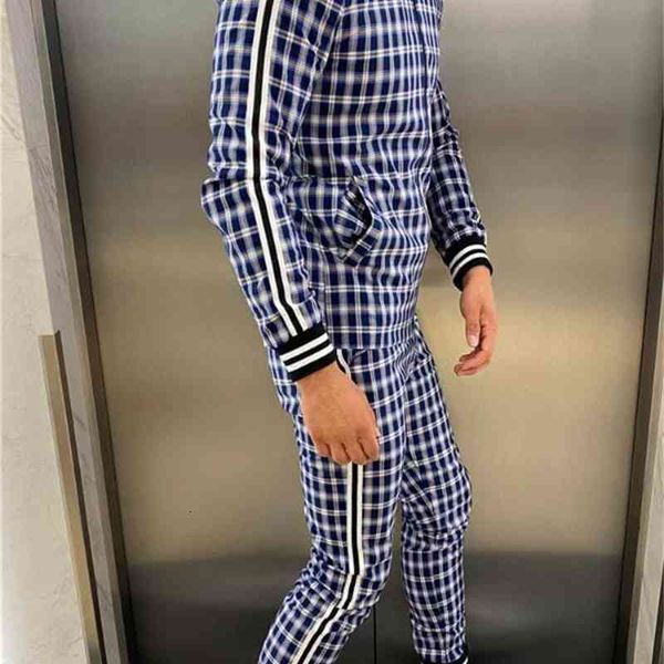 

men' 3d plaid sports gentlemen set jacket men set tracksuit street fashion trend fashion stand-up collar zipper sportswear suit, Gray