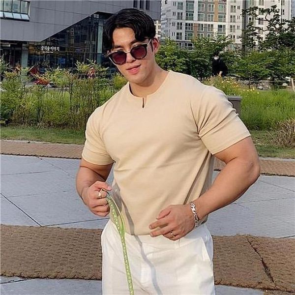 

v-neck men cotton short sleeve body-building fitness running t-shirt summer male gym tee shirt sports clothing men's t-shirts, White;black