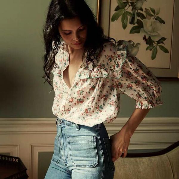 

women's blouses & shirts summer women french loose floral print v-neck puff sleeve cotton shirt female casual fashion designed ladies, White