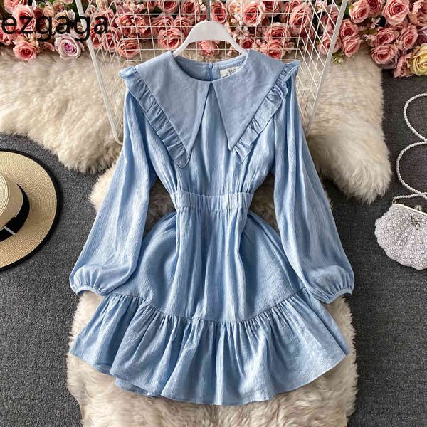 

ezgaga elegant dress women turn-down collar lantern sleeve solid loose spring korean chic high waist dresses casual robe 210430, Black;gray